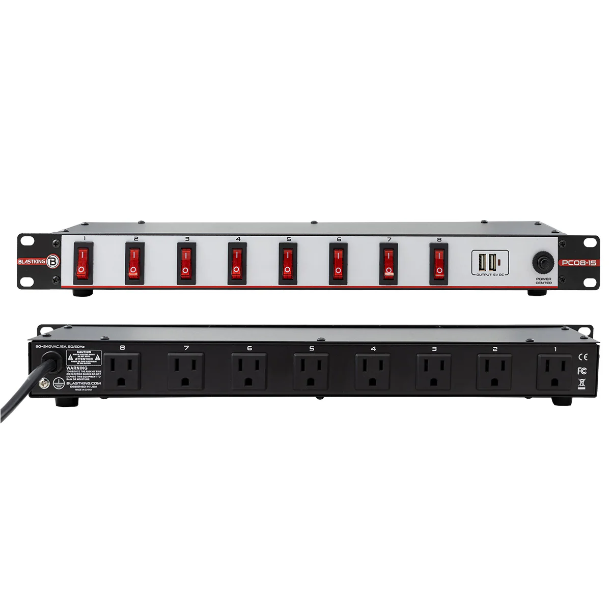 Blastking PC-08-15 19 Inch Rack Power Center 8 Outlets and 2 USB Ports